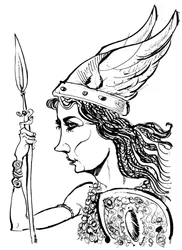 キルステン・フラグスタート、リヒャルト・ワーグナーのオペラ「ワルキューレ」のブリュンヒルデ役（ドイツの作曲家、1813-83年）。白黒の風刺画